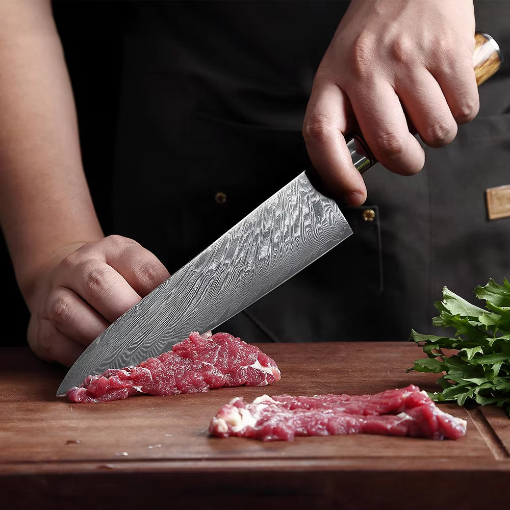 Damascus Japanese Chef Knife - Pink Resin Wood Handle