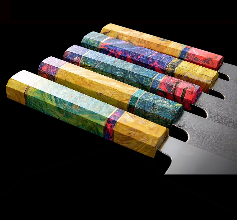 Japanese Damascus Steel Kitchen Knife Set with colored Handle