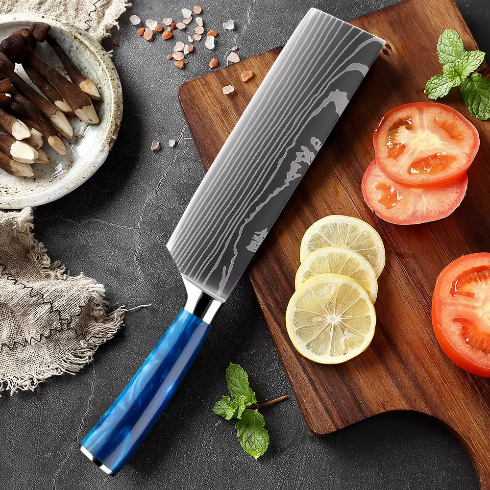 Japanese Kitchen Knife Set with Blue Resin Handle