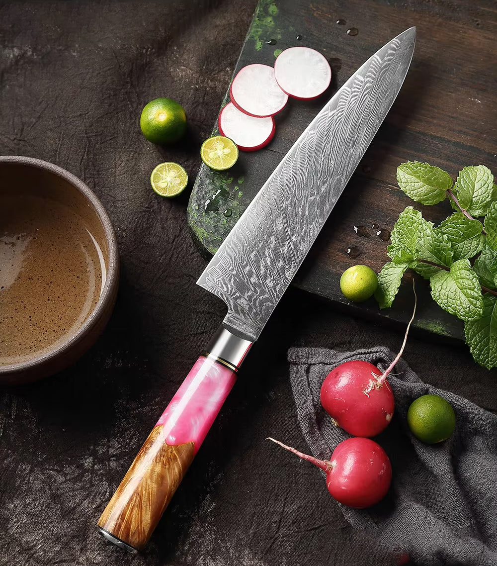 Damascus Japanese Chef Knife - Pink Resin Wood Handle