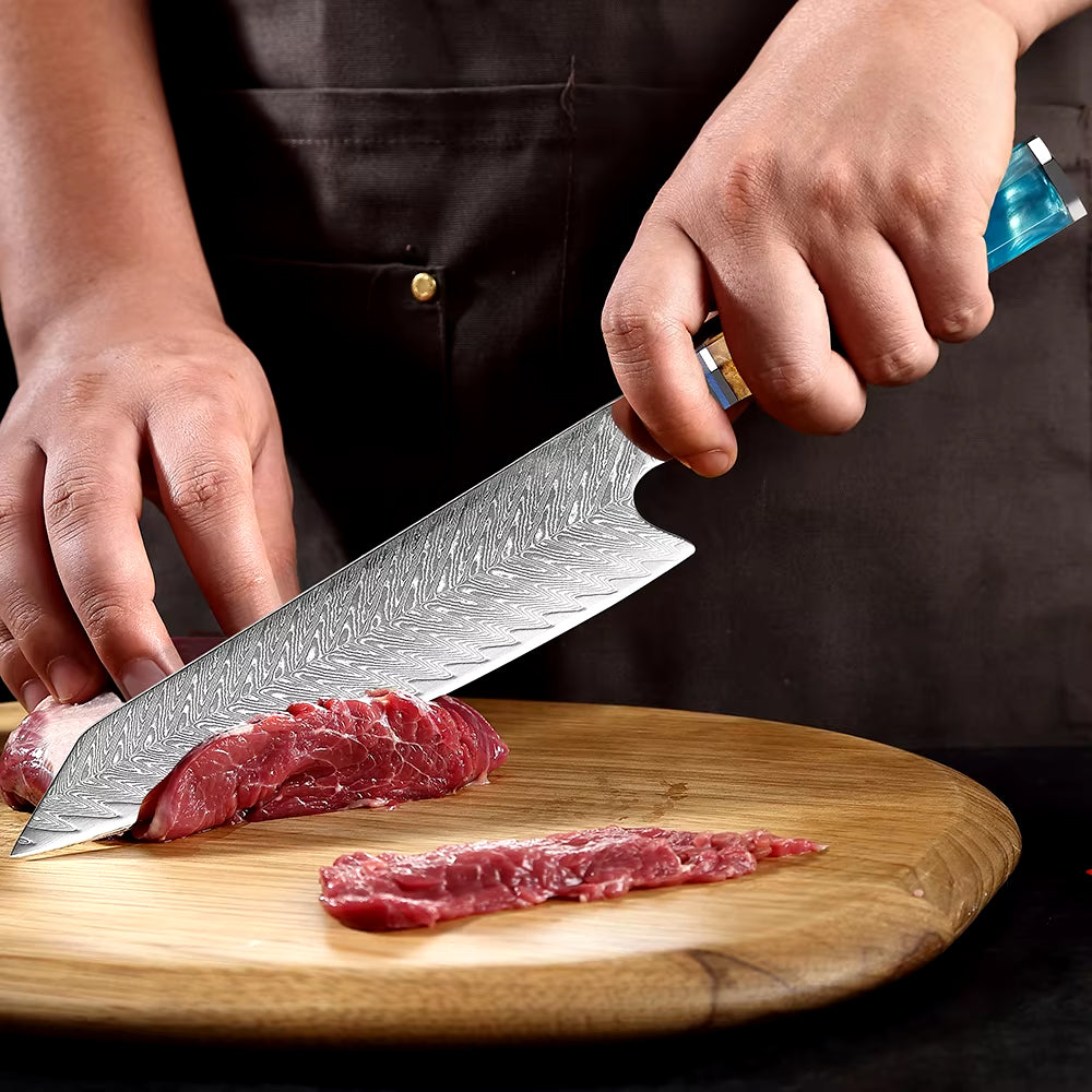Damascus Steel Kiritsuke Chef's Knife with Blue Resin Handle