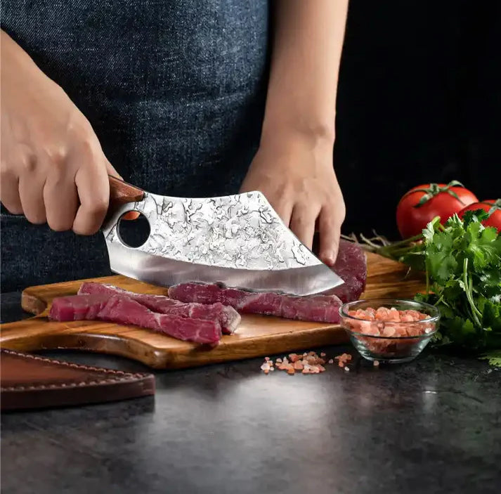 Chef Knife Forged Cleaver knife with Wood Handle Finger Ring