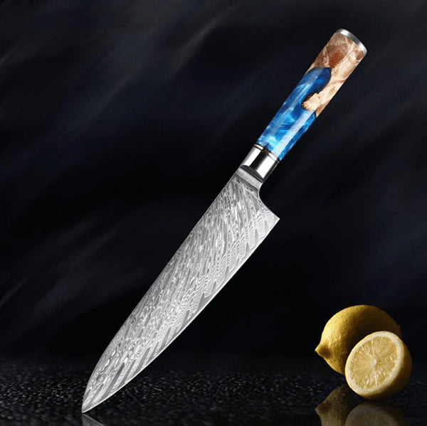 Gyuto Damascus Japanese Chef Knife - Blue Resin Wood Handle