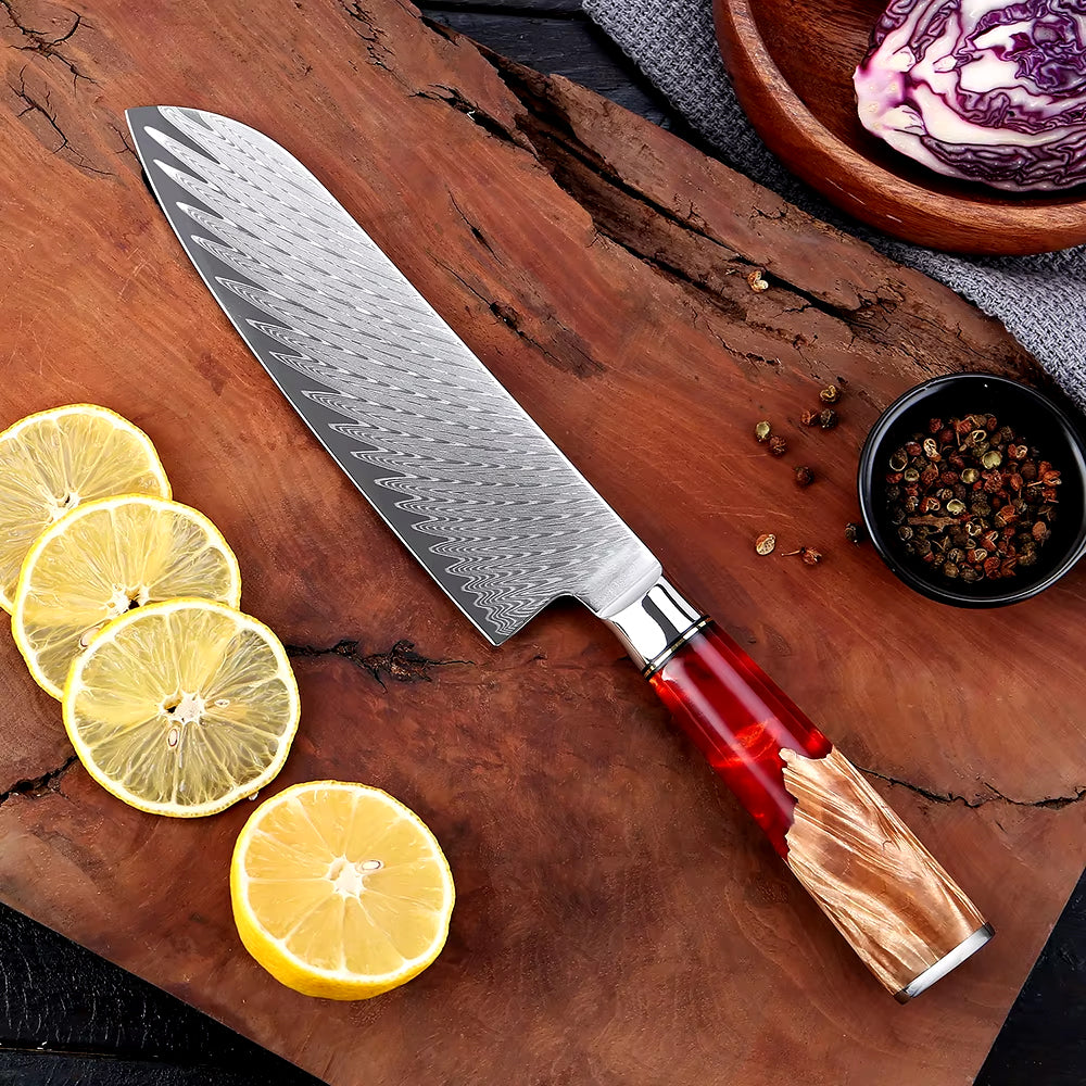 Damascus Steel Santoku Knife with Red Resin handle