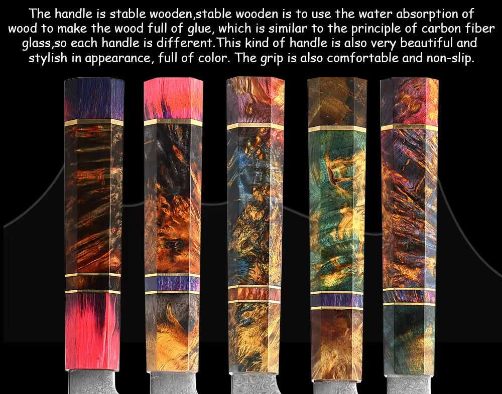 Japanese Damascus Steel Kitchen Knife Set with colored Handle