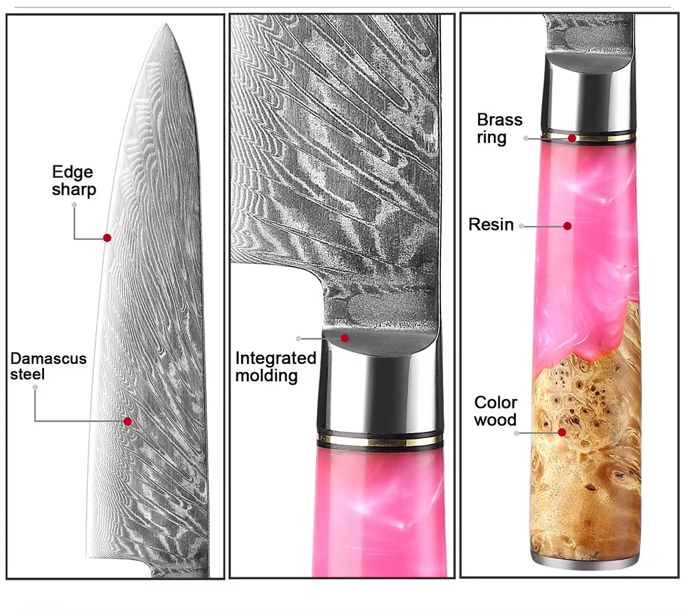 Damascus Japanese Chef Knife - Pink Resin Wood Handle