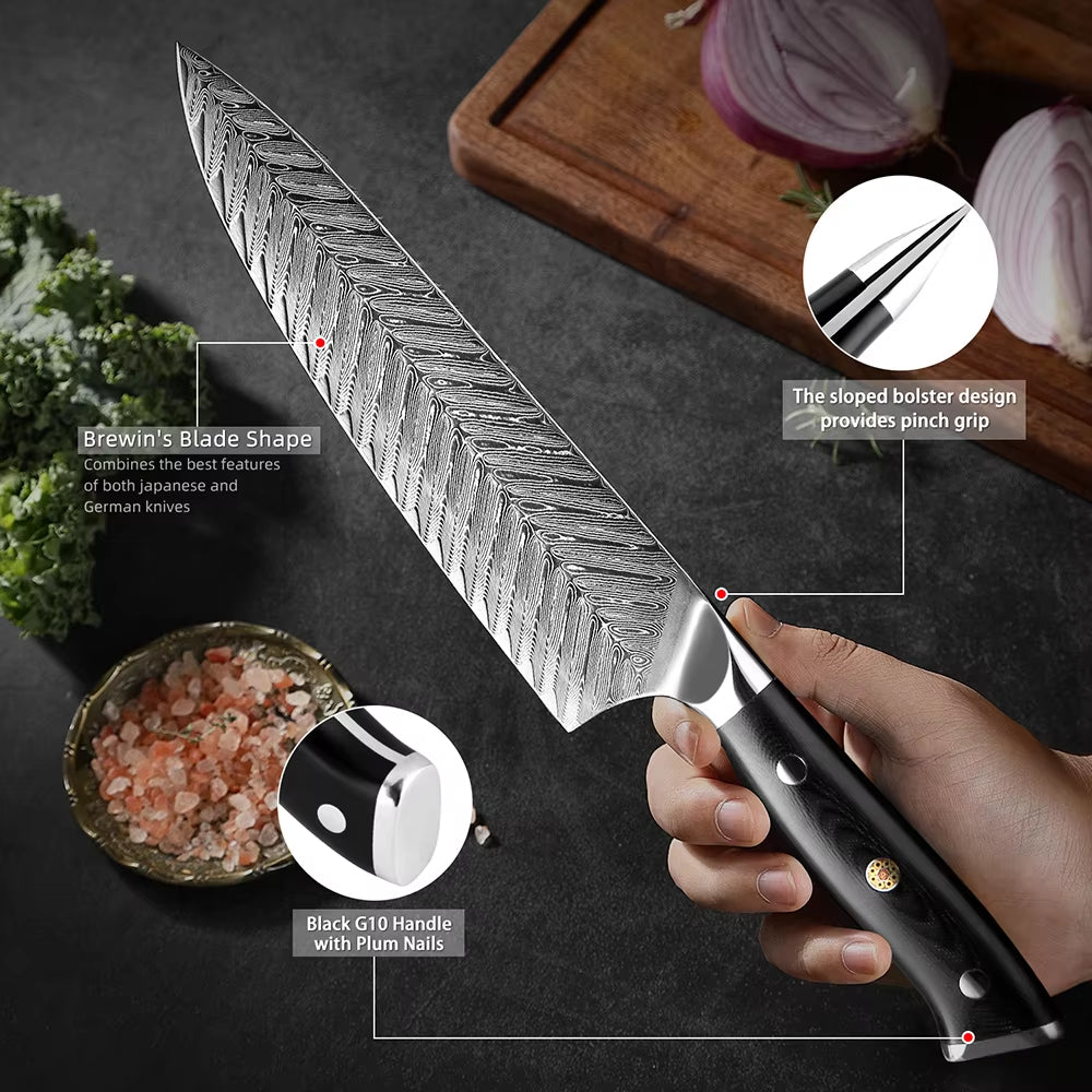 Japanese Damascus Steel Knife Set With Black Handle