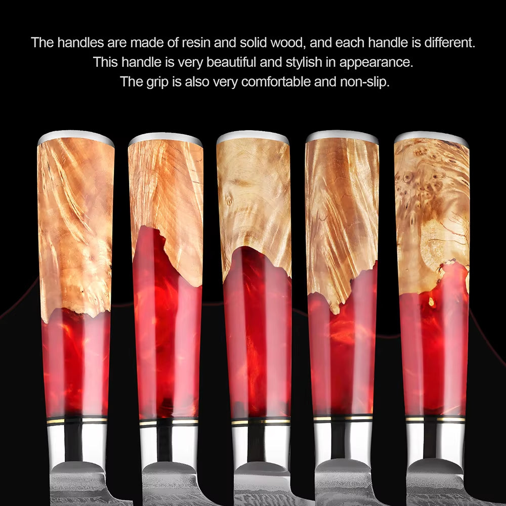 Damascus Steel Santoku Knife with Red Resin handle