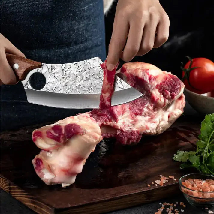 Chef Knife Forged Cleaver knife with Wood Handle Finger Ring