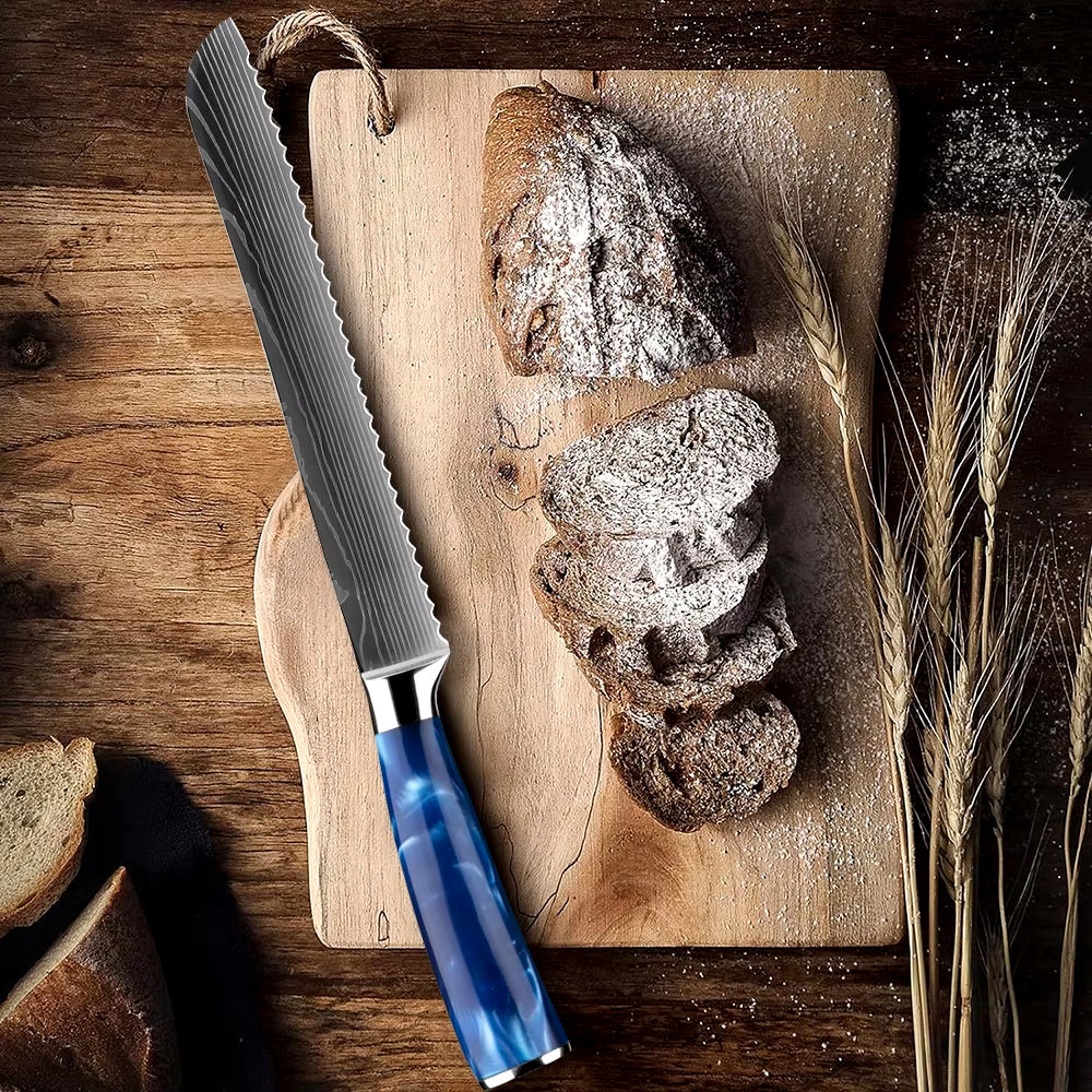 Japanese Kitchen Knife Set with Blue Resin Handle