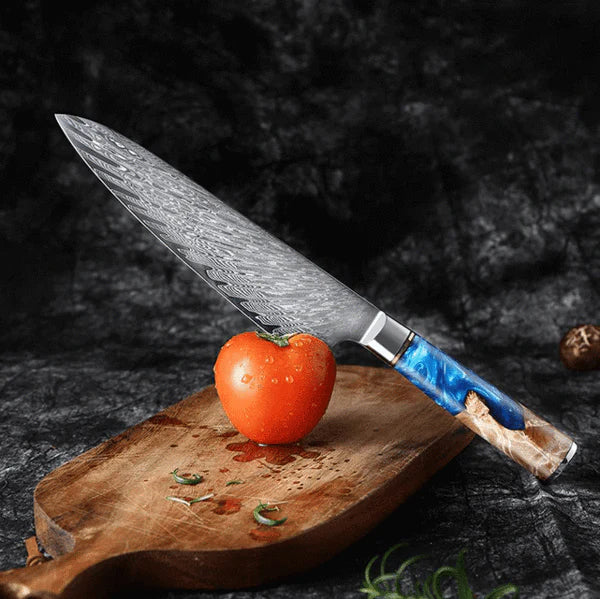 Gyuto Damascus Japanese Chef Knife - Blue Resin Wood Handle