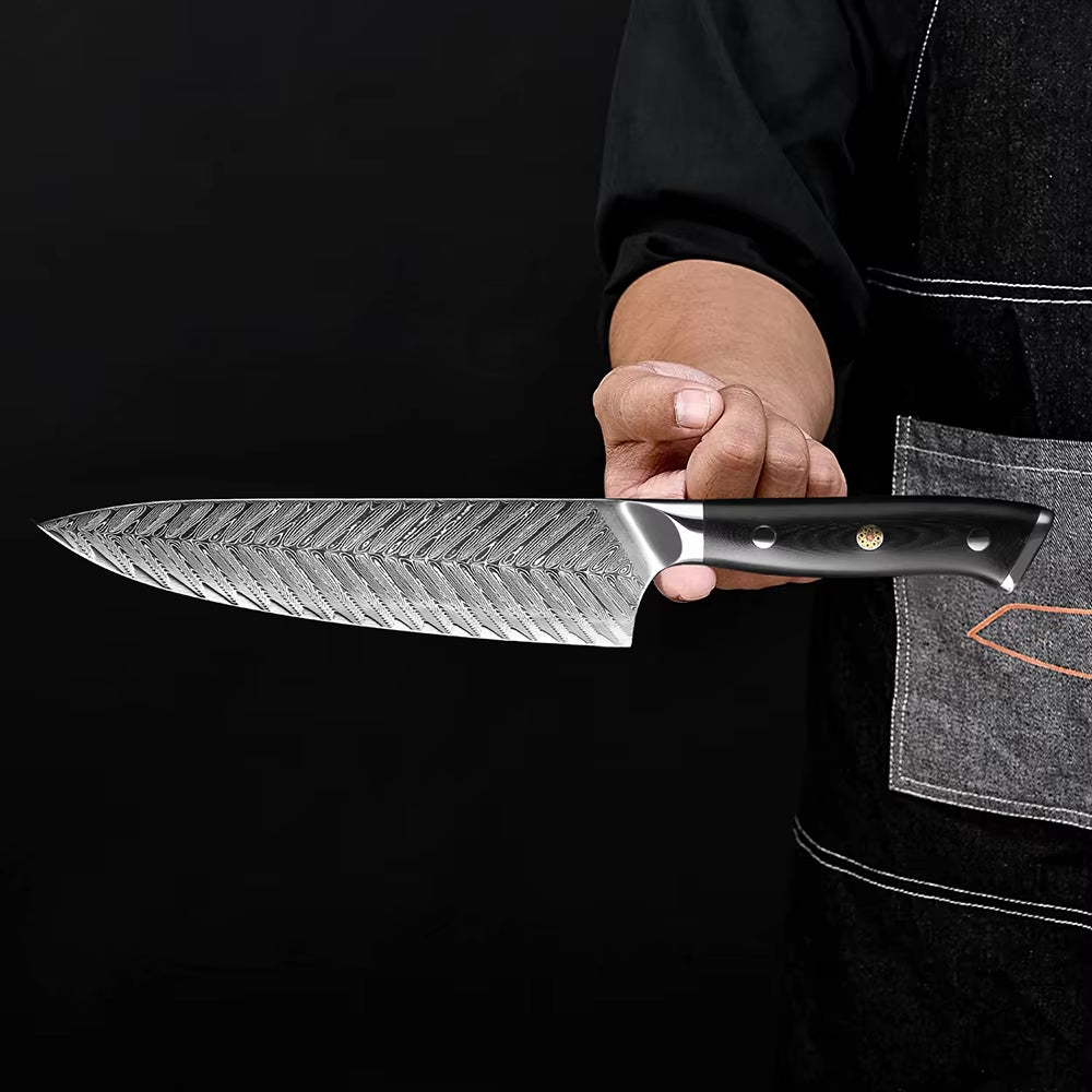 Japanese Damascus Steel Knife Set With Black Handle