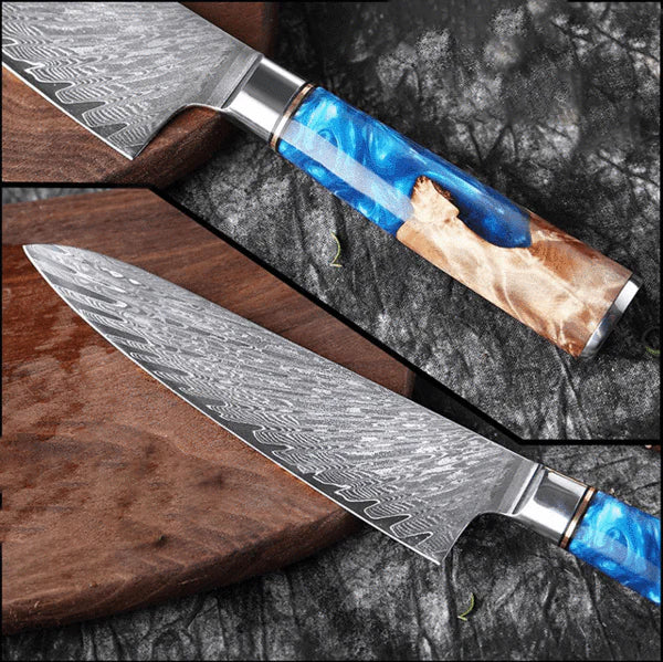 Gyuto Damascus Japanese Chef Knife - Blue Resin Wood Handle