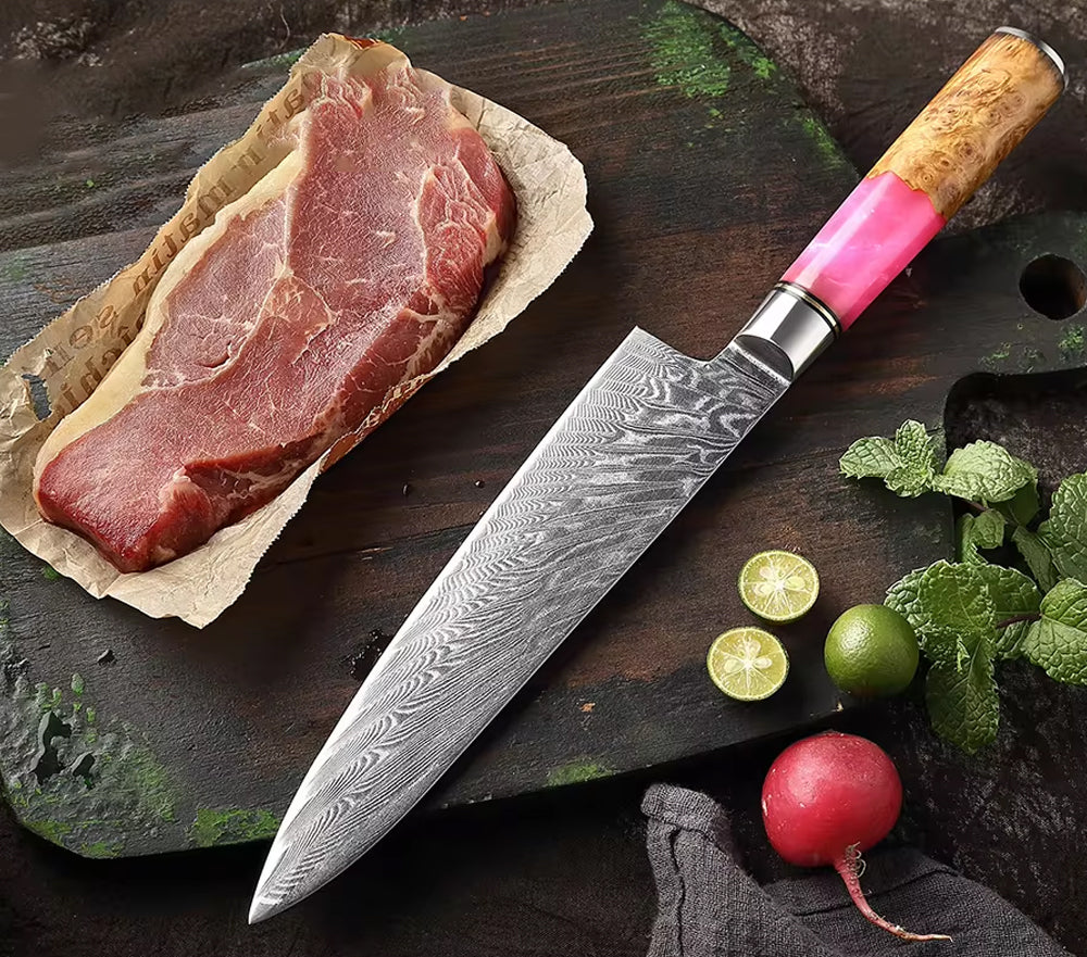 Damascus Japanese Chef Knife - Pink Resin Wood Handle