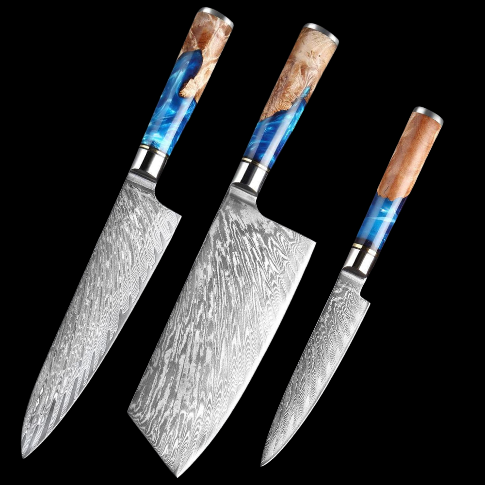 Japanese Damascus Steel Knife Set with Blue Resin Handle