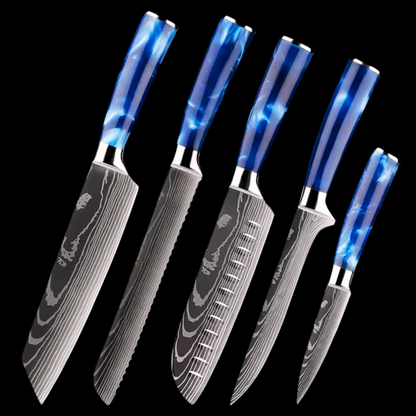 Japanese Kitchen Knife Set with Blue Resin Handle