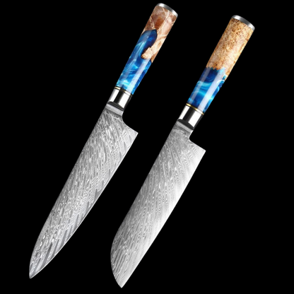 Japanese Damascus Steel Knife Set with Blue Resin Handle
