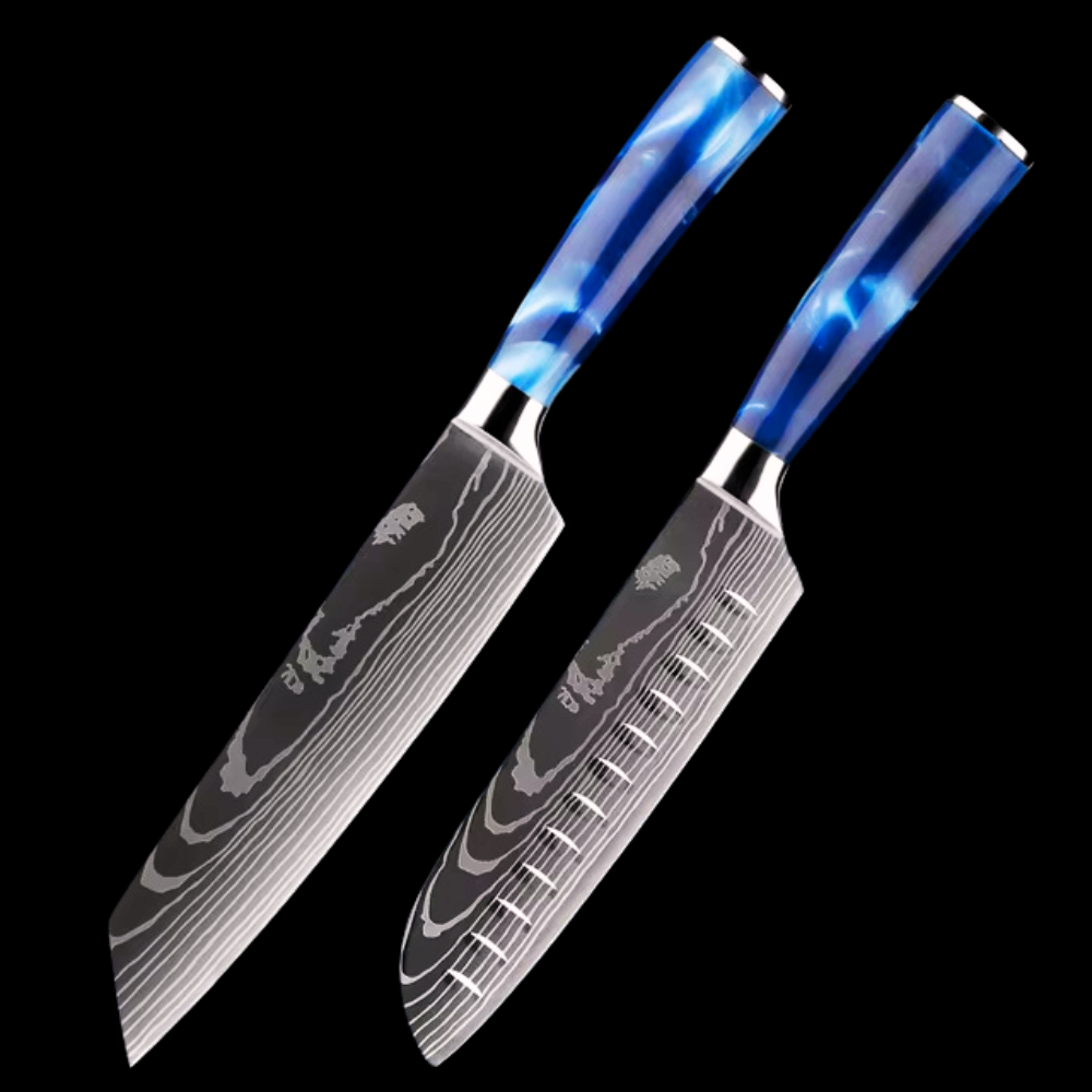 Japanese Kitchen Knife Set with Blue Resin Handle