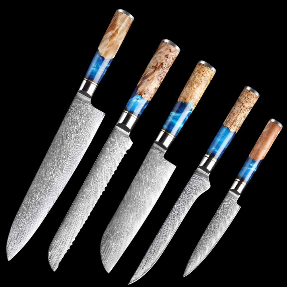Japanese Damascus Steel Knife Set with Blue Resin Handle