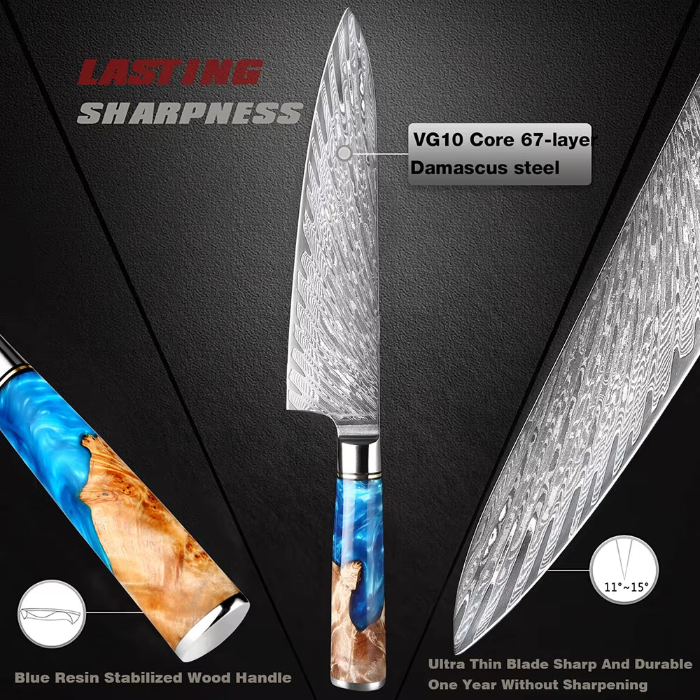 Japanese Damascus Steel Knife Set with Blue Resin Handle
