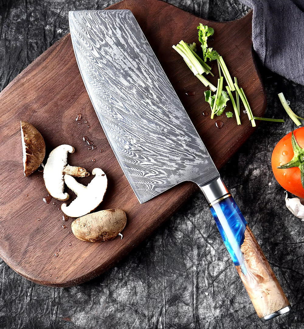 Damascus Steel Cleaver Knife with Blue Resin Handle