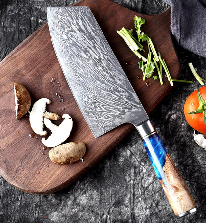 Damascus Steel Cleaver Knife with Blue Resin Handle