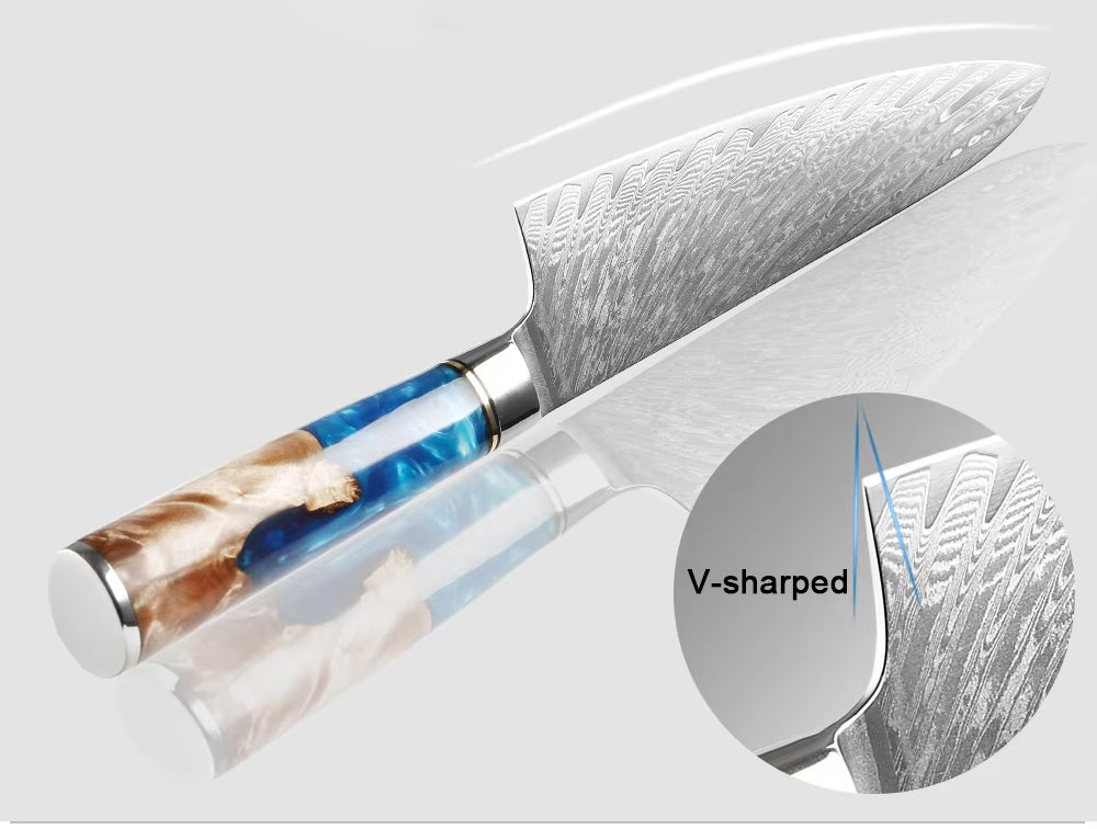 Japanese Damascus Steel Knife Set with Blue Resin Handle