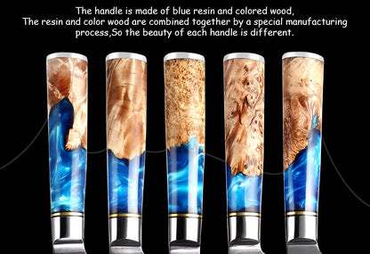 Japanese Damascus Steel Knife Set with Blue Resin Handle