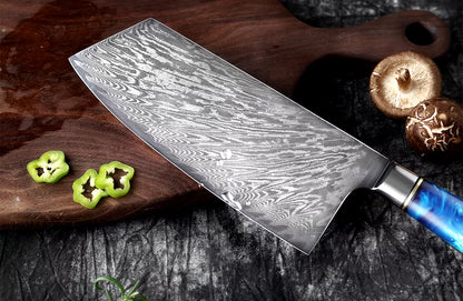 Damascus Steel Cleaver Knife with Blue Resin Handle