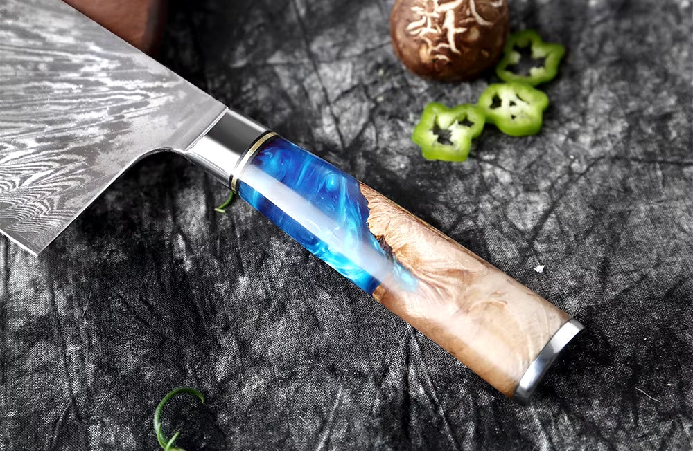 Damascus Steel Cleaver Knife with Blue Resin Handle