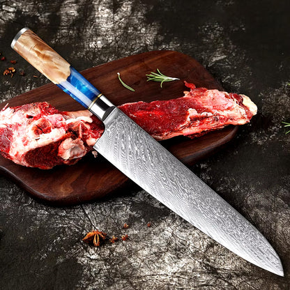 Gyuto Damascus Japanese Chef Knife - Blue Resin Wood Handle