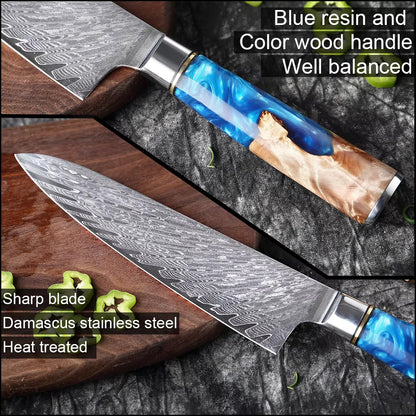 Japanese Damascus Steel Knife Set with Blue Resin Handle