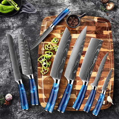 Japanese Kitchen Knife Set with Blue Resin Handle