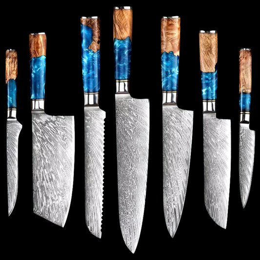 Japanese Damascus Steel Knife Set with Blue Resin Handle