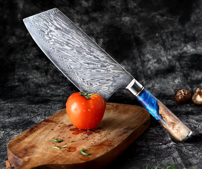 Damascus Steel Cleaver Knife with Blue Resin Handle