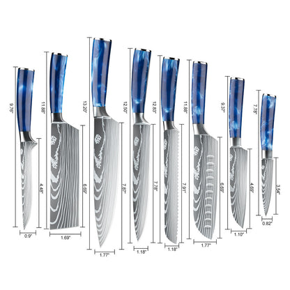 Japanese Kitchen Knife Set with Blue Resin Handle