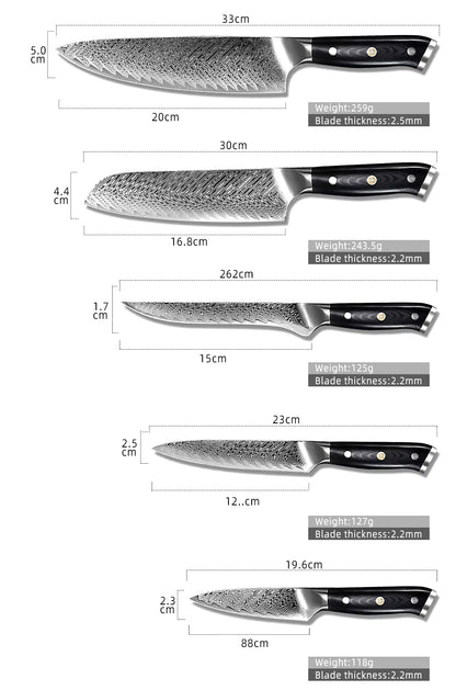 Japanese Damascus Steel Knife Set With Black Handle