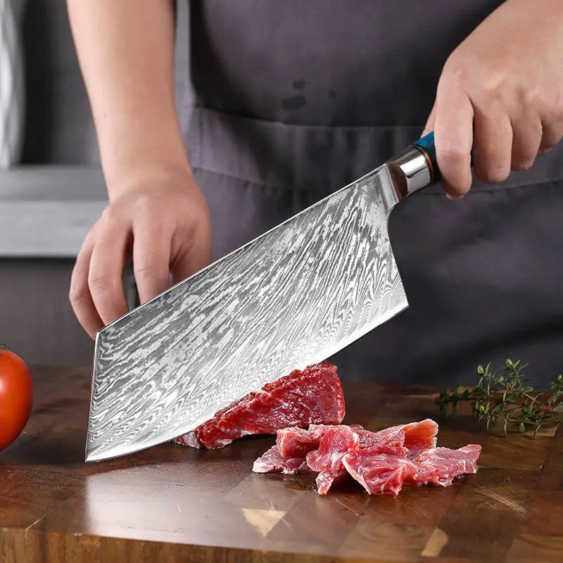 Japanese Damascus Steel Knife Set with Blue Resin Handle