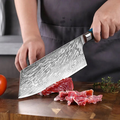 Japanese Damascus Steel Knife Set with Blue Resin Handle