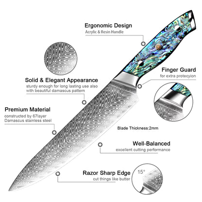 Japanese Damascus Steel Knife With Abalone Handle