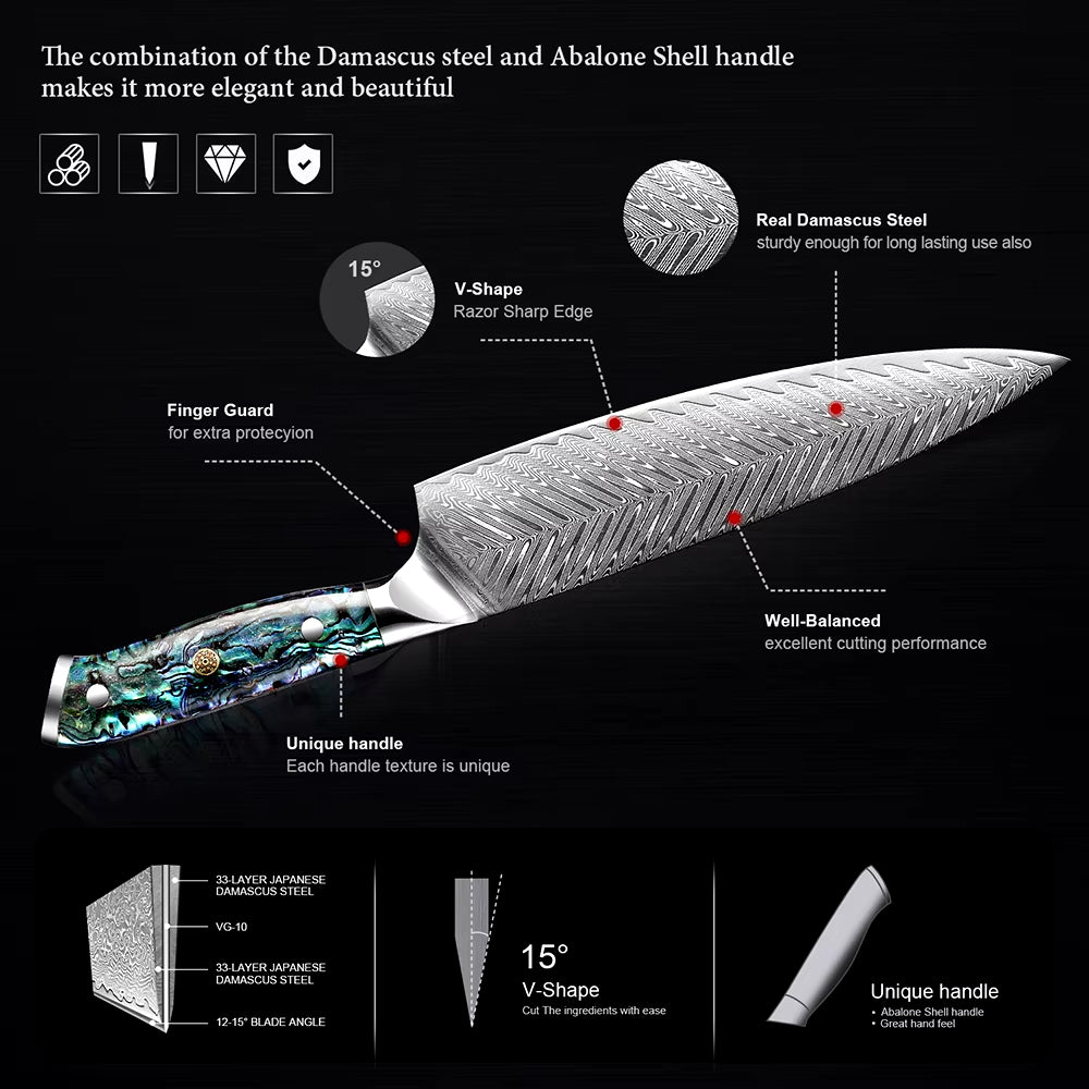 Japanese Damascus Steel Knife With Abalone Handle