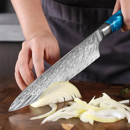 Japanese Damascus Steel Knife Set with Blue Resin Handle