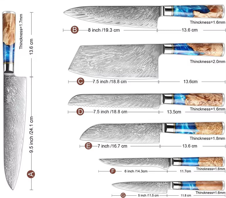 Japanese Damascus Steel Knife Set with Blue Resin Handle