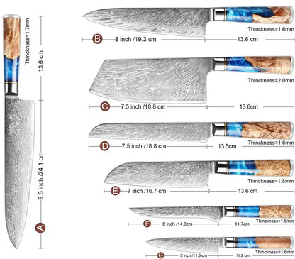 Japanese Damascus Steel Knife Set with Blue Resin Handle