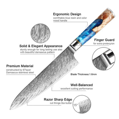 Japanese Damascus Steel Knife Set with Blue Resin Handle