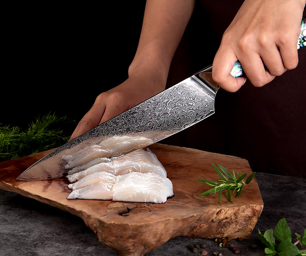 Japanese Damascus Steel Knife With Abalone Handle