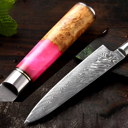 Damascus Japanese Chef Knife - Pink Resin Wood Handle