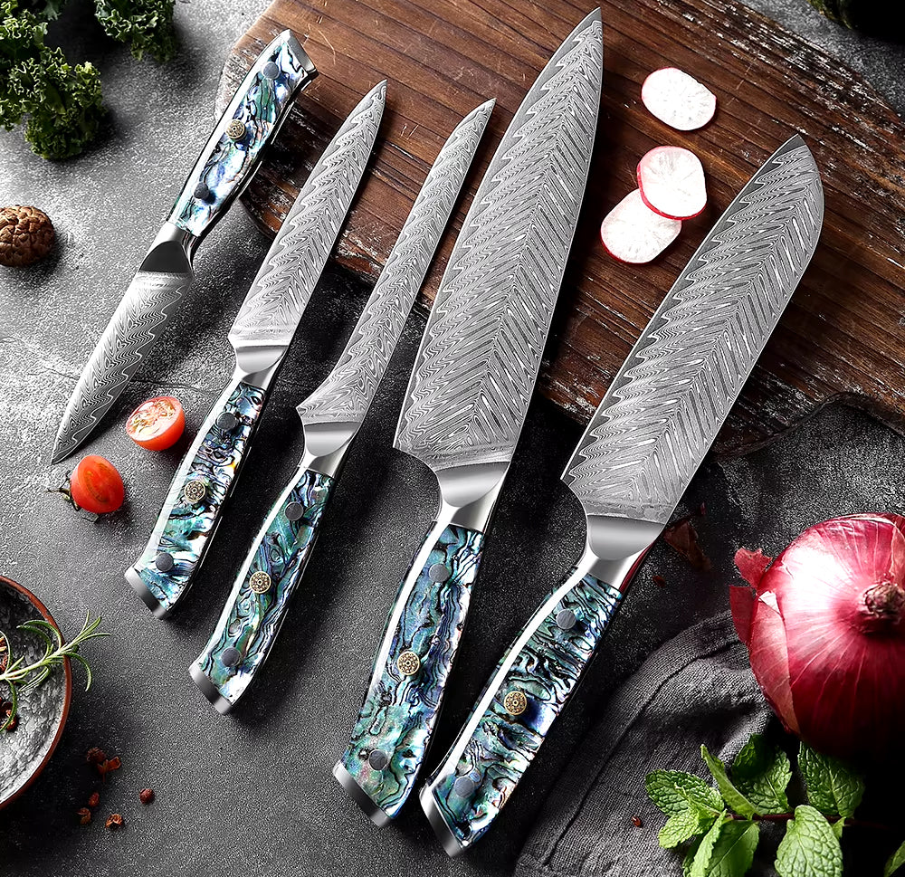 Japanese Damascus Steel Knife With Abalone Handle