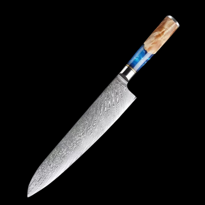 Japanese Damascus Steel Knife Set with Blue Resin Handle