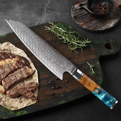 Damascus Steel Kiritsuke Chef's Knife with Blue Resin Handle